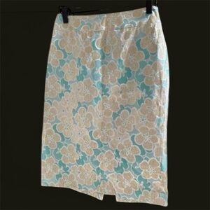Antonio Melanie Metallic Pencil Skirt Women’s Size 0 Teal Gold Floral Brocade